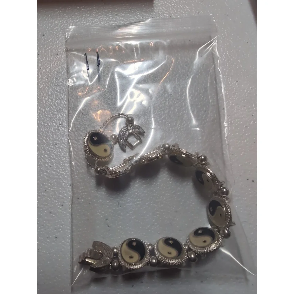 Ying Yang Charm Bracelet Silver Tone Enamel